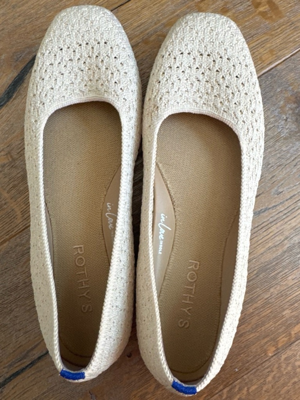 Rothy's Cream Knit Ballet Flats with Blue Heel Tab
